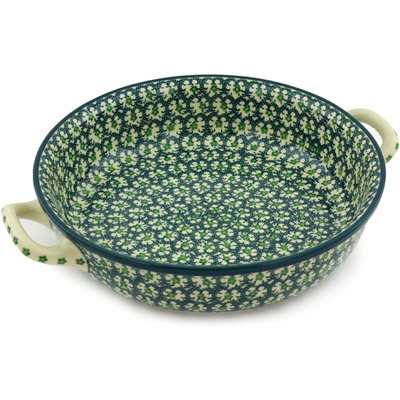 Polish Pottery Round Baker with Handles 10-inch Medium Green Garlands