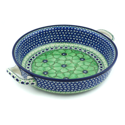 Polish Pottery Round Baker with Handles 10-inch Medium Green Pansies UNIKAT