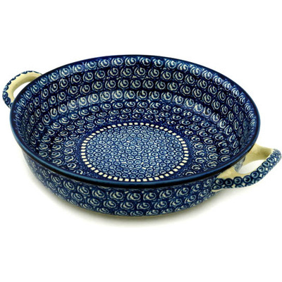 Polish Pottery Round Baker with Handles 10-inch Medium High Tide