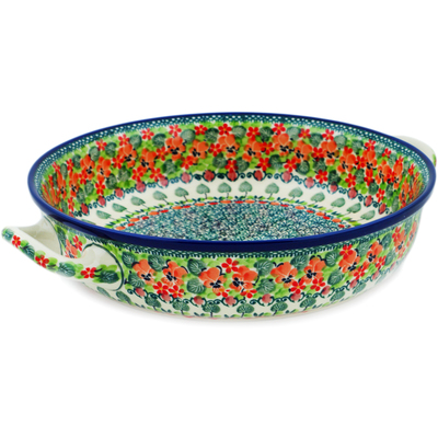 Polish Pottery Round Baker with Handles 10-inch Medium Orange Pansies UNIKAT