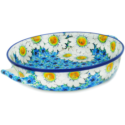 Polish Pottery Round Baker with Handles 10-inch Medium Pansies And Daisies UNIKAT