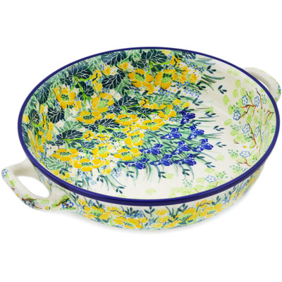 Polish Pottery Round Baker with Handles 10-inch Medium Peaceful Garden UNIKAT