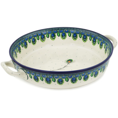 Polish Pottery Round Baker with Handles 10-inch Medium Peacock Feather