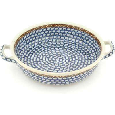 Polish Pottery Round Baker with Handles 10-inch Medium Peacock Rain