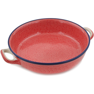 Polish Pottery Round Baker with Handles 10-inch Medium Red Sea UNIKAT