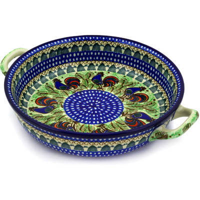 Polish Pottery Round Baker with Handles 10-inch Medium Rooster Row UNIKAT