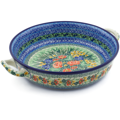 Polish Pottery Round Baker with Handles 10-inch Medium Splendid Meadow UNIKAT