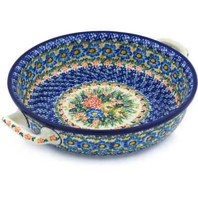 Polish Pottery Round Baker with Handles 10-inch Medium Splendid Peony Meadow UNIKAT