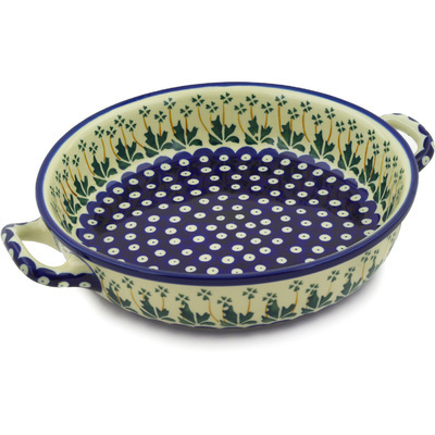 Polish Pottery Round Baker with Handles 10-inch Medium Springing Shamrocks