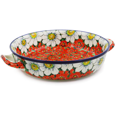 Polish Pottery Round Baker with Handles 10-inch Medium Sweet Red Petals UNIKAT