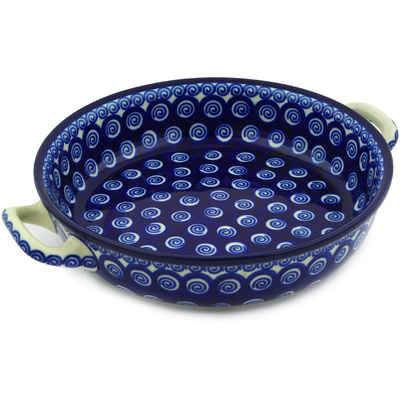Polish Pottery Round Baker with Handles 10-inch Medium Swirling Blue Peacocks