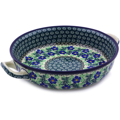 Polish Pottery Round Baker with Handles 10-inch Medium Swirling Emeralds