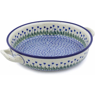 Polish Pottery Round Baker with Handles 10-inch Medium Water Tulip