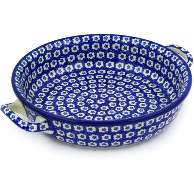 Polish Pottery Round Baker with Handles 10-inch Medium White Flowers On Blue
