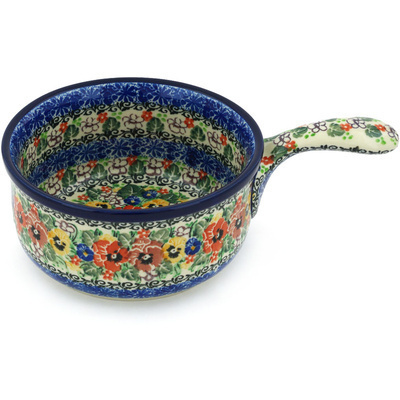 Polish Pottery Round Baker with Handles 10&quot; Pansy Garden UNIKAT