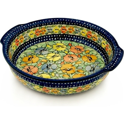 Polish Pottery Round Baker with Handles 10&frac14;-inch Pansy Pop UNIKAT