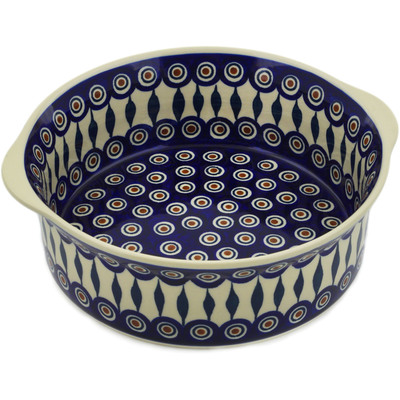 Polish Pottery Round Baker with Handles 10&quot; Peacock