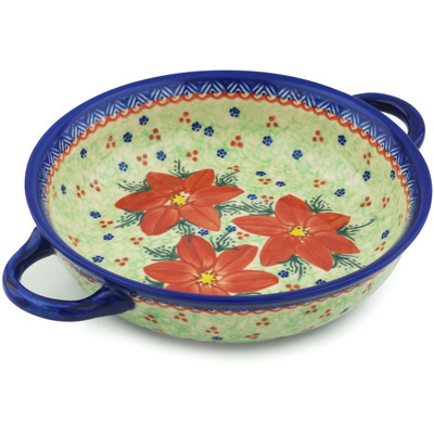 Polish Pottery Round Baker with Handles 10&quot; Poinsettia UNIKAT