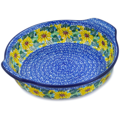 Polish Pottery Round Baker with Handles 10-inch Sunflower Surprise UNIKAT