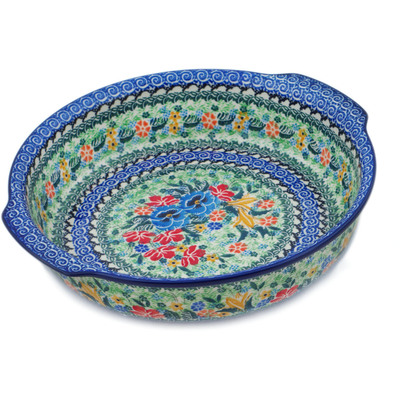 Polish Pottery Round Baker with Handles 10&frac14;-inch Vibrant Bouquet UNIKAT