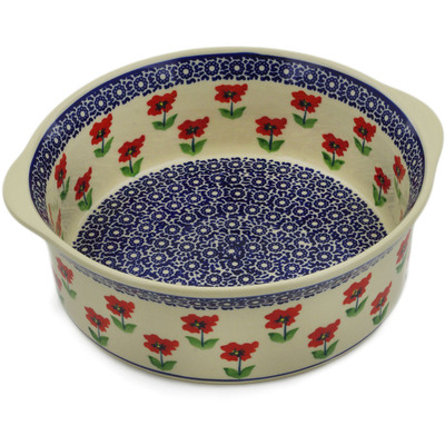Polish Pottery Round Baker with Handles 10&quot; Wind-blown Poppies