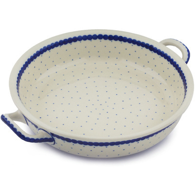 Polish Pottery Round Baker with Handles 11&quot; Blue Polka Dot