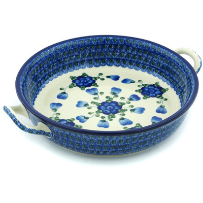 Polish Pottery Round Baker with Handles 11&quot; Blue Poppies