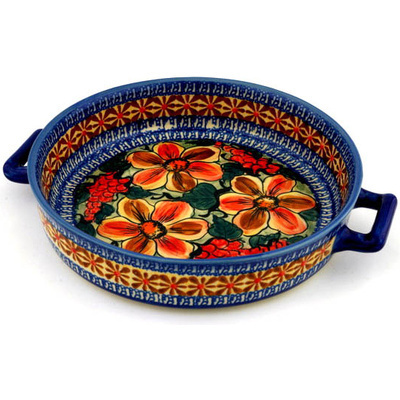 Polish Pottery Round Baker with Handles 11&quot; Colorful Bouquet UNIKAT