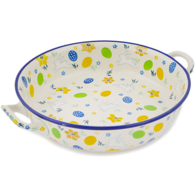 Polish Pottery Round Baker with Handles 11&quot; Egg Hunt