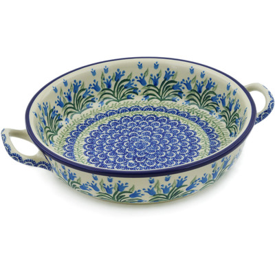 Polish Pottery Round Baker with Handles 11&quot; Feathery Bluebells