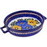 Polish Pottery Round Baker with Handles 11" Festive Garden UNIKAT