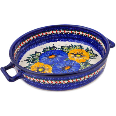 Polish Pottery Round Baker with Handles 11" Festive Garden UNIKAT