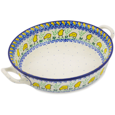 Polish Pottery Round Baker with Handles 11&quot; Hatched