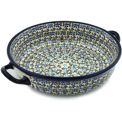 Polish Pottery Round Baker with Handles 13&quot; Black And Blue Lace