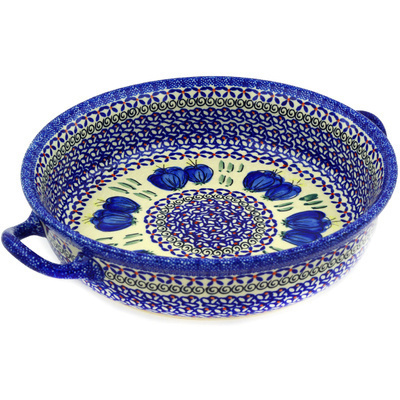 Polish Pottery Round Baker with Handles 13&quot; Blue Bulbs