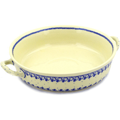 Polish Pottery Round Baker with Handles 13&quot; Blue Lace Vines