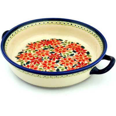 Polish Pottery Round Baker with Handles 13&quot; Christmas Poinsettias