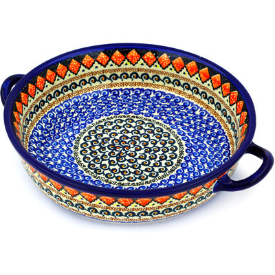 Polish Pottery Round Baker with Handles 13&quot; Coral Diamonds UNIKAT