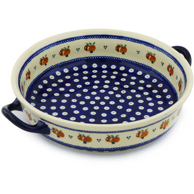 Polish Pottery Round Baker with Handles 13&quot; Country Apple Peacock