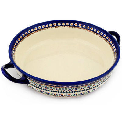 Polish Pottery Round Baker with Handles 13&quot; Floral Peacock UNIKAT