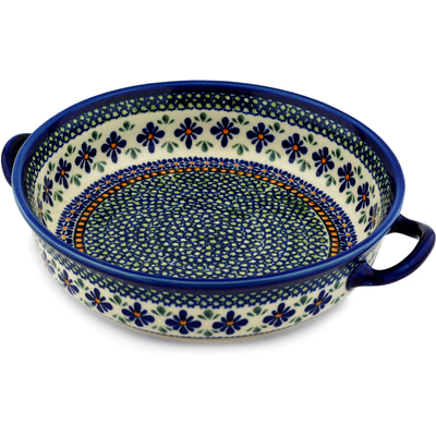Polish Pottery Round Baker with Handles 13&quot; Gingham Flowers