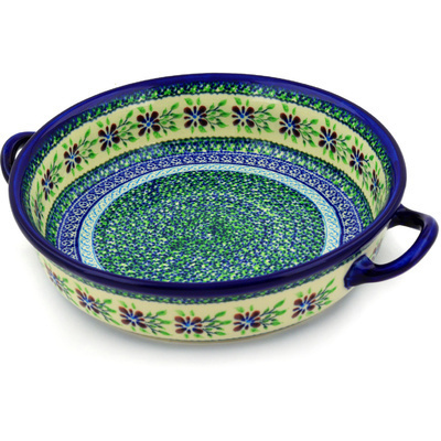 Polish Pottery Round Baker with Handles 13&quot; Gingham Garden