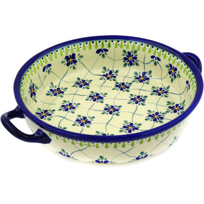 Polish Pottery Round Baker with Handles 13&quot; Gingham Trellis