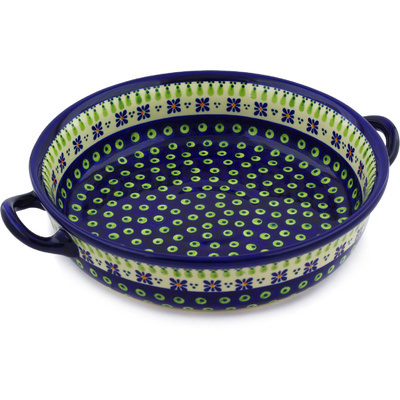 Polish Pottery Round Baker with Handles 13&quot; Green Gingham Peacock
