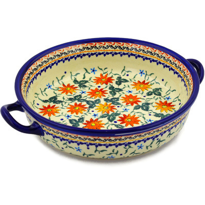 Polish Pottery Round Baker with Handles 13&quot; Mexican Flame UNIKAT