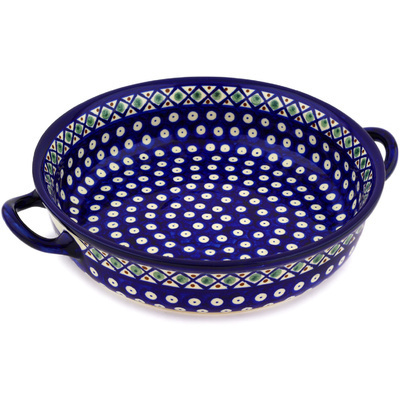 Polish Pottery Round Baker with Handles 13&quot; Peacock Basket