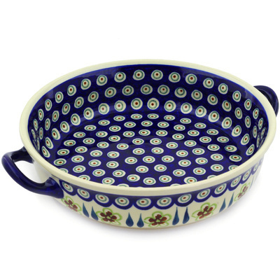 Polish Pottery Round Baker with Handles 13&quot; Peacock Garden