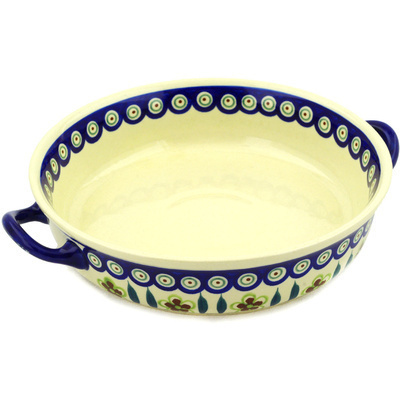 Polish Pottery Round Baker with Handles 13&quot; Peacock Garden
