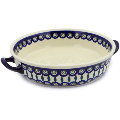 Polish Pottery Round Baker with Handles 13&quot; Peacock Leaves