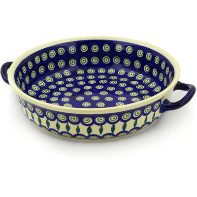 Polish Pottery Round Baker with Handles 13&quot; Peacock Leaves